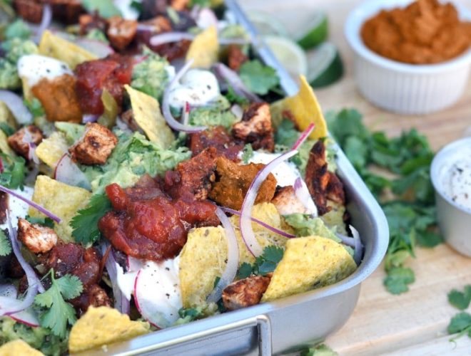 tray of nachos with refried beans