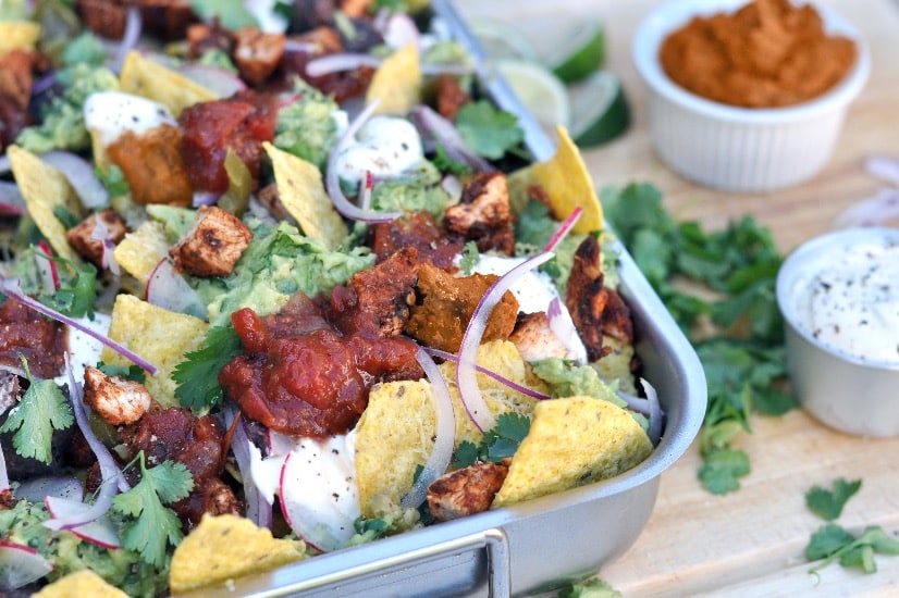 tray of nachos with refried beans