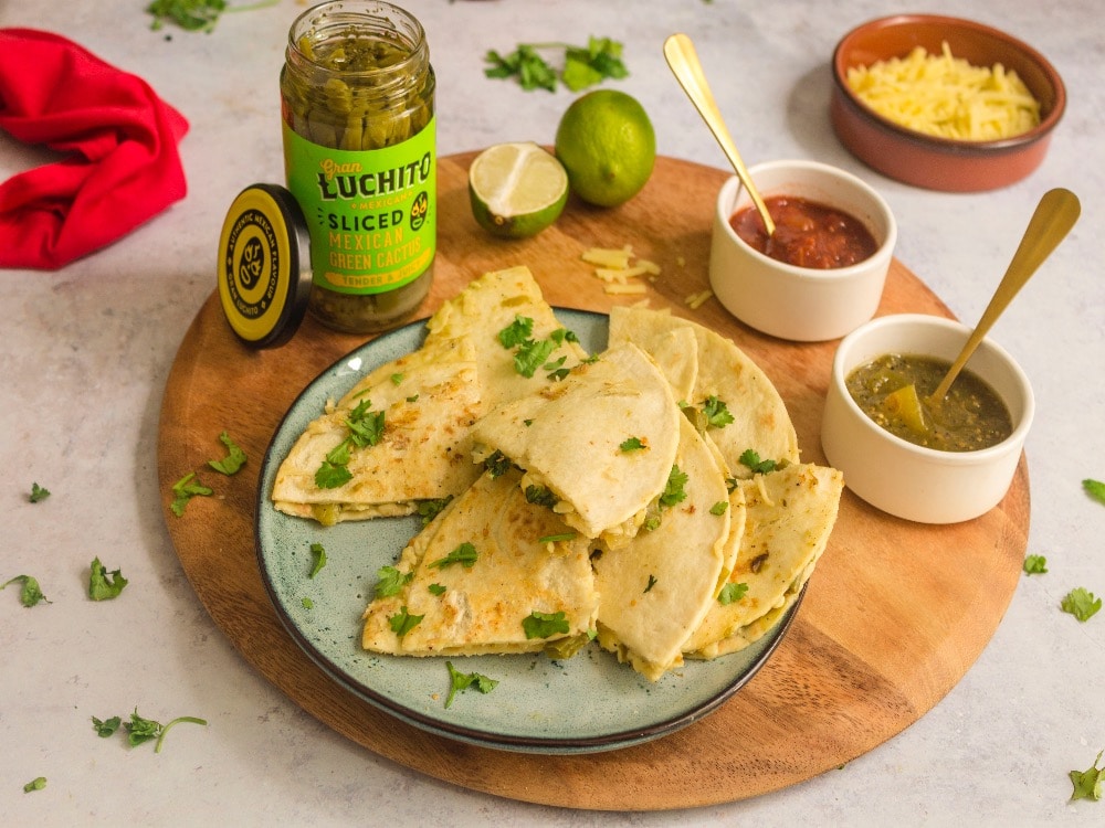 Quesadilla with sliced green cactus