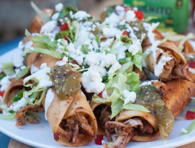 finished dish of chipotle chicken taquitos